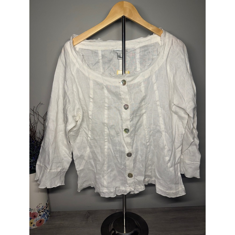 Coldwater Creek NWT White 100% Linen Button Front Blouse Petite XL Ruffle Trim